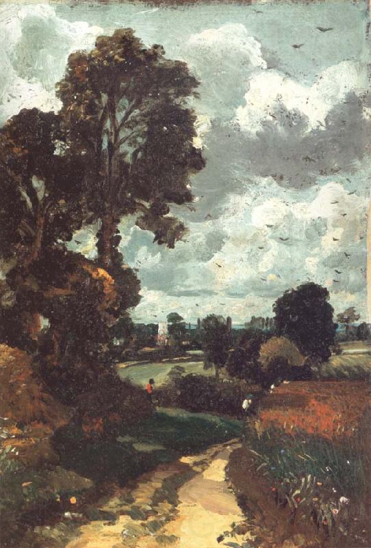 John Constable A country lane,with a church in the distance